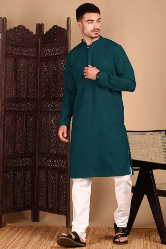 Firozi cotton chikankari kurta pajama for mens