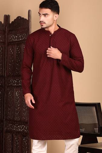 Maroon cotton chikankari kurta pajama for mens