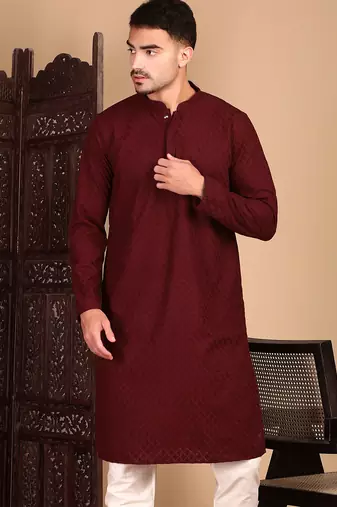 Maroon cotton chikankari kurta pajama for mens