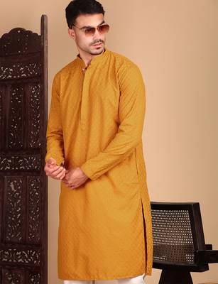 Mustard cotton chikankari kurta pajama for mens 1