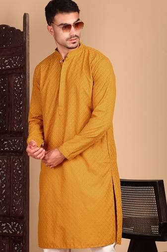 Mustard cotton chikankari kurta pajama for mens
