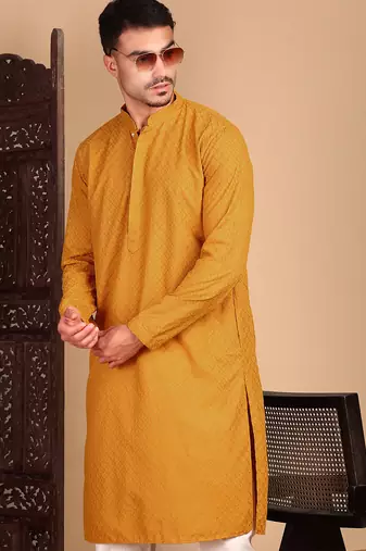 Mustard cotton chikankari kurta pajama for mens