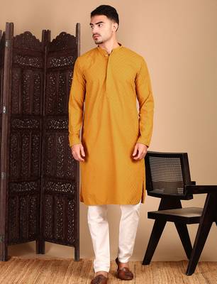 Mustard cotton chikankari kurta pajama for mens 2