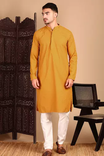 Mustard cotton chikankari kurta pajama for mens