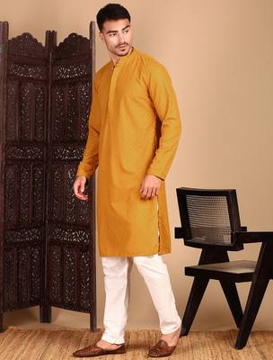 Mustard cotton chikankari kurta pajama for mens 3