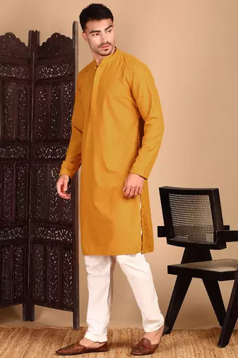 Mustard cotton chikankari kurta pajama for mens