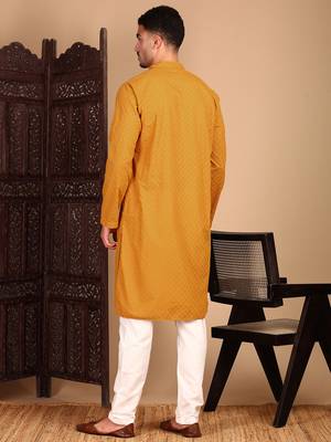 Mustard cotton chikankari kurta pajama for mens 4