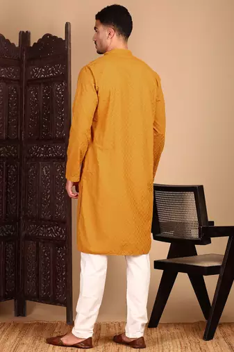 Mustard cotton chikankari kurta pajama for mens