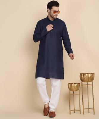 cotton blend solid knee length navy blue kurta 1