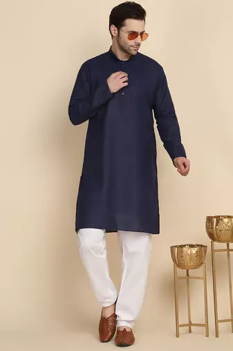 cotton blend solid knee length navy blue kurta