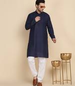 cotton blend solid knee length navy blue kurta