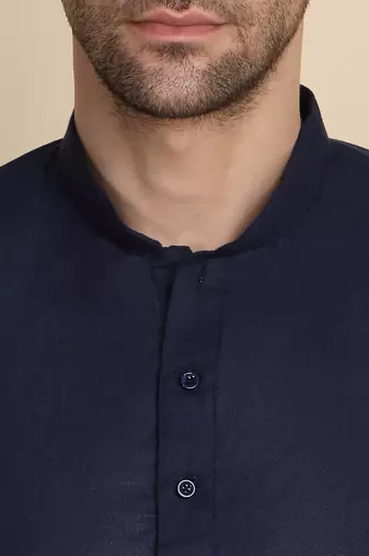 cotton blend solid knee length navy blue kurta