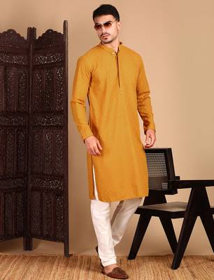 Mustard cotton chikankari kurta pajama for mens 5