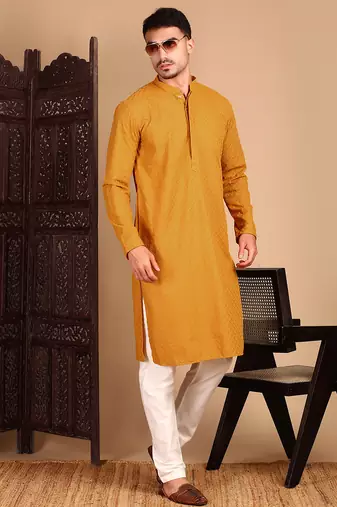 Mustard cotton chikankari kurta pajama for mens