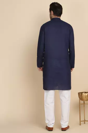 cotton blend solid knee length navy blue kurta