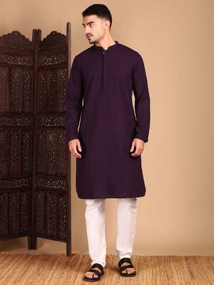 Purple cotton chikankari kurta pajama for mens 2