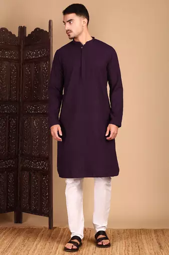 Purple cotton chikankari kurta pajama for mens