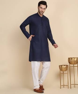 cotton blend solid knee length navy blue kurta 4