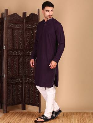 Purple cotton chikankari kurta pajama for mens 3
