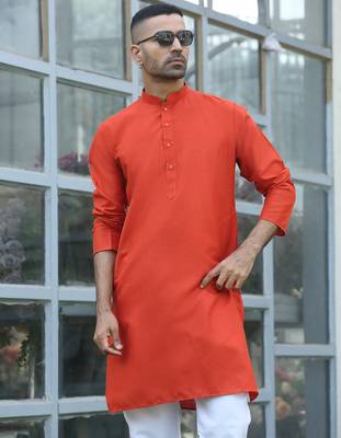 cotton blend solid knee length orange kurta 1