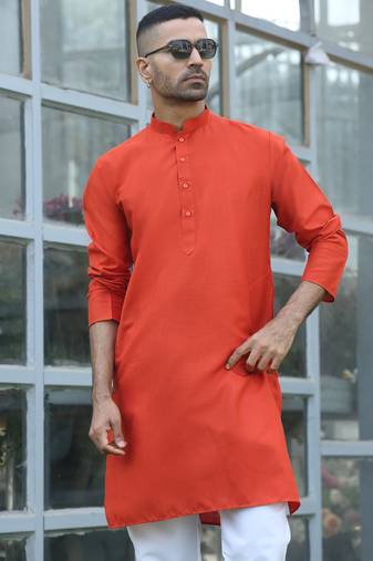 cotton blend solid knee length orange kurta