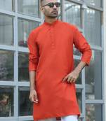 cotton blend solid knee length orange kurta