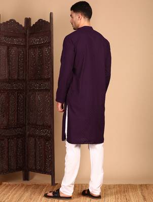 Purple cotton chikankari kurta pajama for mens 4