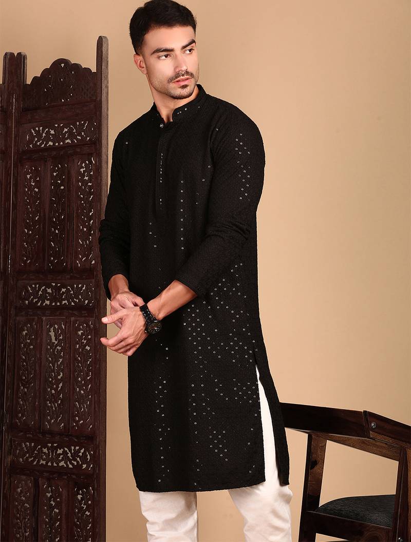 Black rayon sequins kurta pajama for mens