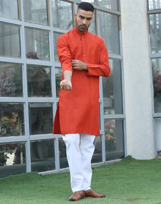 cotton blend solid knee length orange kurta 4