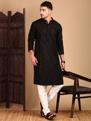 Black rayon sequins kurta pajama for mens 3