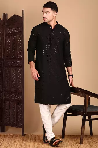 Black rayon sequins kurta pajama for mens