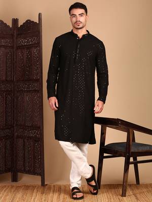 Black rayon sequins kurta pajama for mens 5
