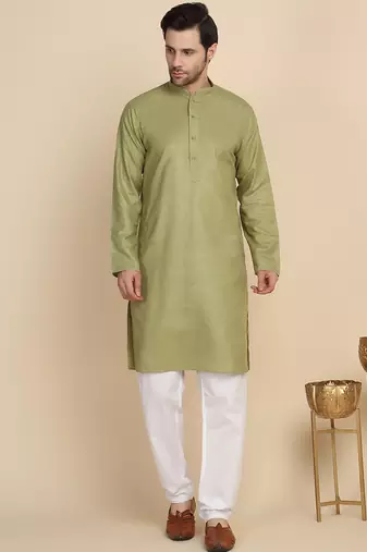 cotton blend solid knee length pista kurta