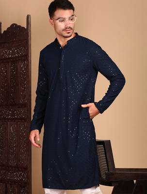Deep blue rayon sequins kurta pajama for mens 1