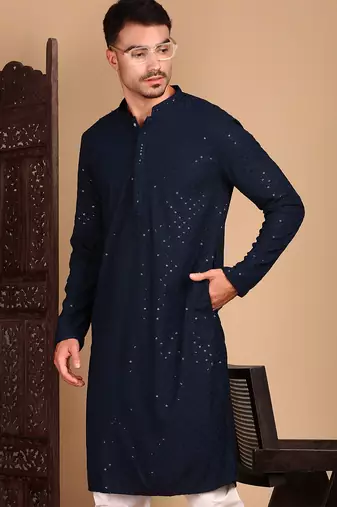 Deep blue rayon sequins kurta pajama for mens