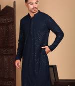 Deep blue rayon sequins kurta pajama for mens