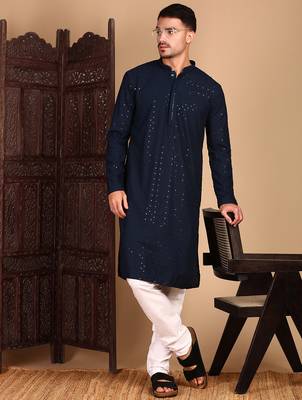 Deep blue rayon sequins kurta pajama for mens 2