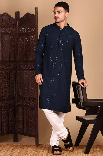 Deep blue rayon sequins kurta pajama for mens