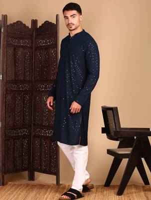 Deep blue rayon sequins kurta pajama for mens 3