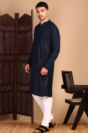 Deep blue rayon sequins kurta pajama for mens
