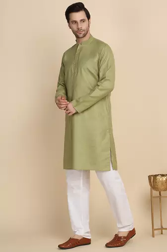 cotton blend solid knee length pista kurta