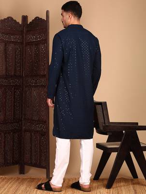 Deep blue rayon sequins kurta pajama for mens 4