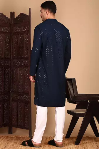 Deep blue rayon sequins kurta pajama for mens