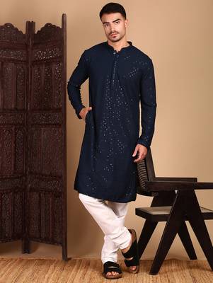 Deep blue rayon sequins kurta pajama for mens 5