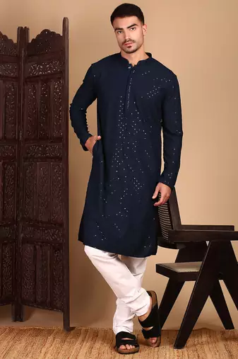 Deep blue rayon sequins kurta pajama for mens