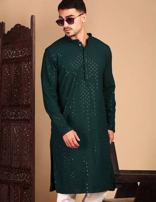 Deep green rayon sequins kurta pajama for mens 1