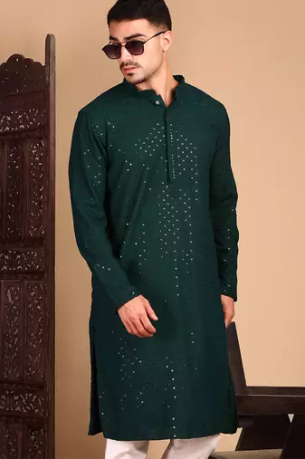 Deep green rayon sequins kurta pajama for mens