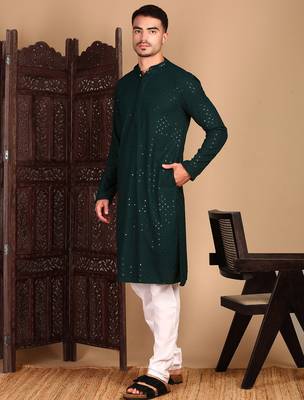 Deep green rayon sequins kurta pajama for mens 2