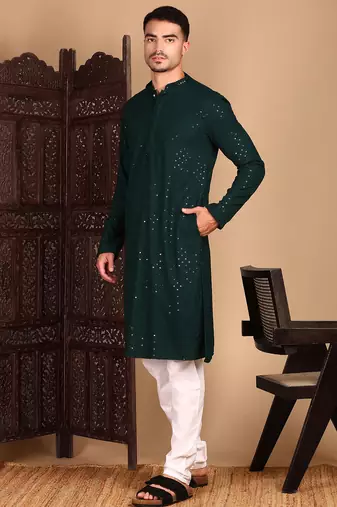 Deep green rayon sequins kurta pajama for mens