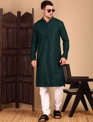 Deep green rayon sequins kurta pajama for mens 3
